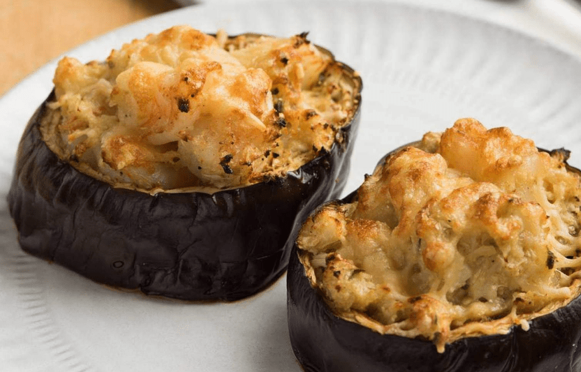 LEAN & GREEN STUFFED EGGPLANT WITH CAULIFLOWER RICE & SHRIMP