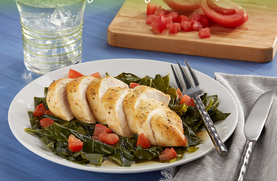 Pan-Seared Chicken Breasts with Smoky & Spicy Collard Greens - Optavia ...