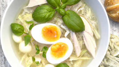 Chicken and Kohlrabi Noodle Soup with eggs scallions and basi