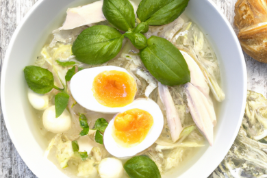 Chicken and Kohlrabi Noodle Soup with eggs scallions and basi